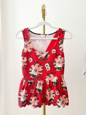 Postmark Anthropologie Peplum Top | Red Floral | Scalloped Hem | Small